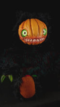 Load and play video in Gallery viewer, Midnight Menace: HAUNTVESTER - CRYPTCRITZ Handcrafted Creepy Cute Halloween Pumpkin Art Doll Plush Toy for Spooky Souls
